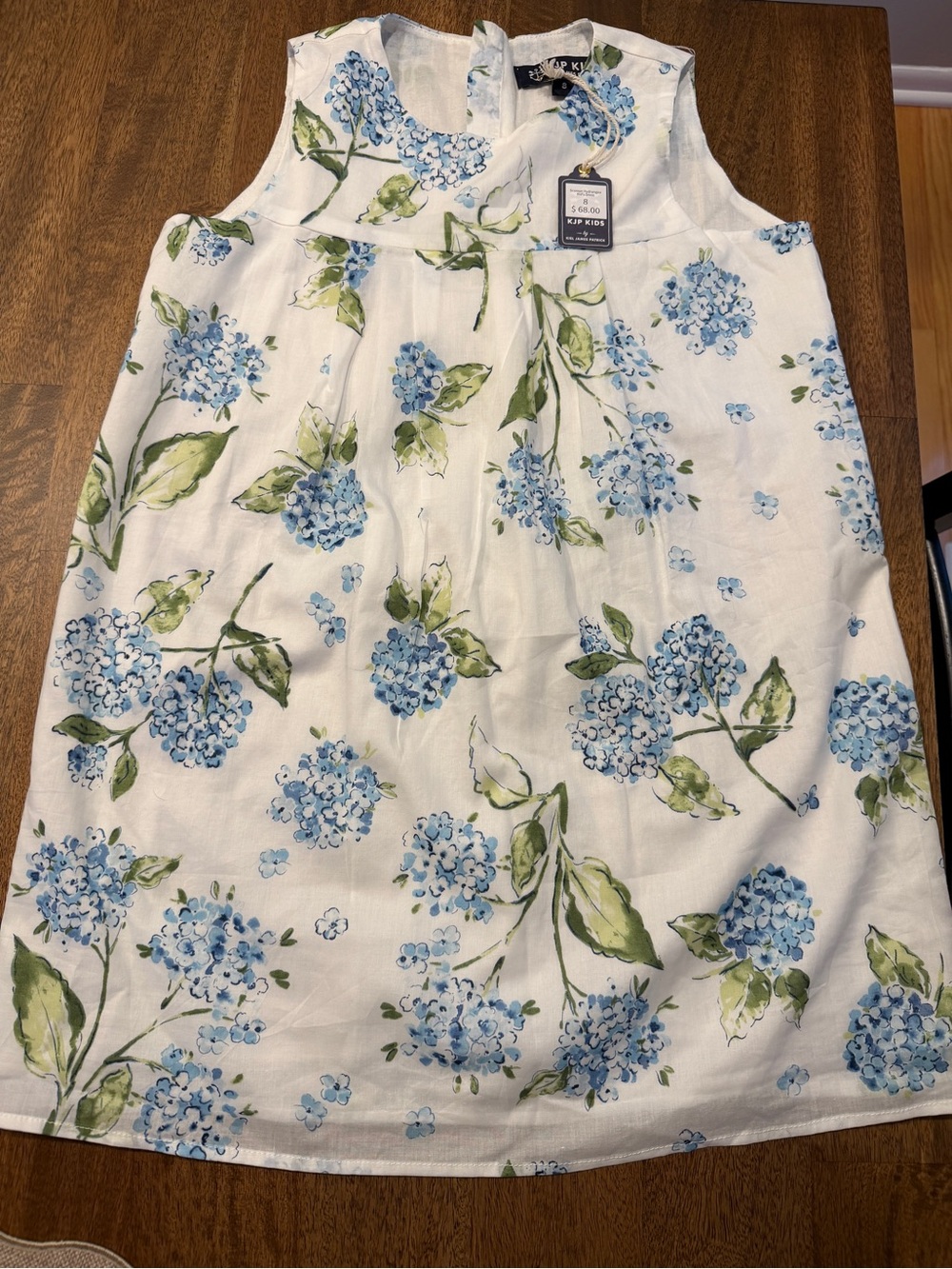 Kiel James Patrick White Dress with Blue and Green Hydrangea Print